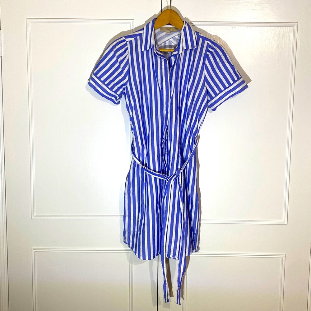 LOFT Button-Down Short-Sleeve Blue/White Stripe Cotton Dress with Tie XS